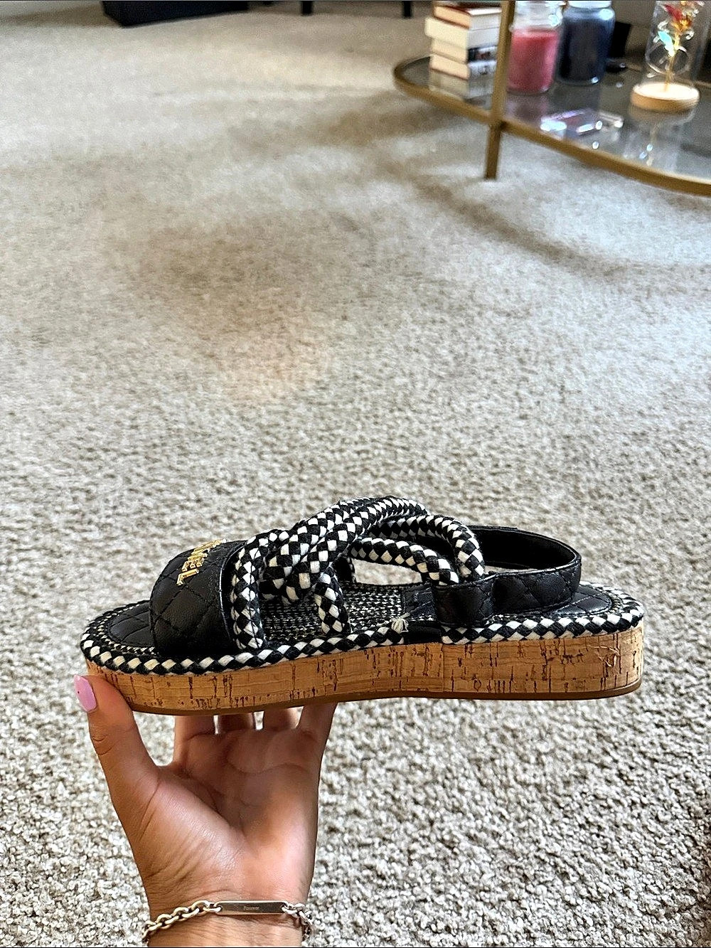 Chanel Cord Lambskin Quilted Logo Sandals Black & White - Picture 4 of 4